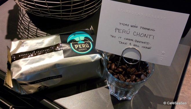 Perú Chonti bag and beans (Starbucks Reserve) at Queen Anne Starbucks, July 2014