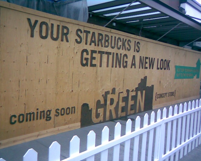 University Village Starbucks during renovation, June 2009; this led to its having a section for Clover-brewed coffee which later became the Starbucks Reserve area