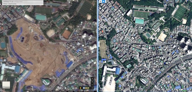 Malli-dong (만리동) redevelopment... Google Maps (razed, present 2014) and Naver Maps (ca. 2013)